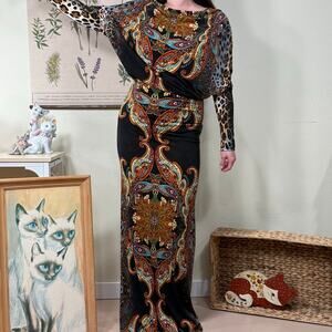 Vintage 90s Y2k Va Va Voom Leopard Paisley Stretch V Back Maxi Dress Mob Wife M